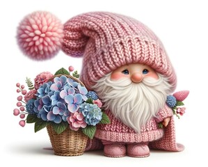 charming gnome character with hydrangeas, Cute gnome with a basket of hydrangea flowers