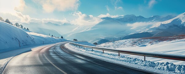 View of the road around the snow-covered mountains in winter