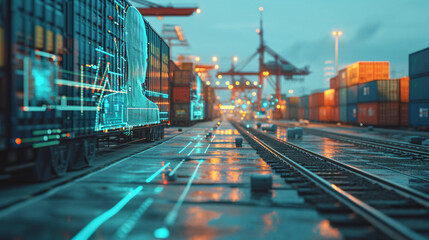 AI-Driven Freight Ecosystem: Holographic AI Icons Amid Industrial Cargo Scene, Future of Freight...