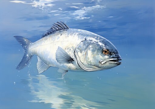 Huge silver grey marine fish out of water blue sky and cloudy background. 