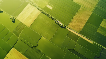 Aerial view of green fields before harvest in summer