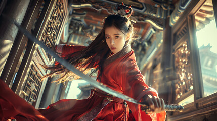 Photo of the beautiful female protagonist in a red Hanfu holding a sword and flying through an ancient palace gate. Her long hair is fluttering as her sharp eyes look at the camera. - obrazy, fototapety, plakaty