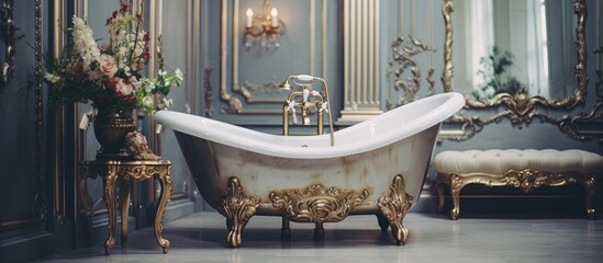 A luxurious bathroom featuring a vintage claw foot tub as the focal point. The tub is surrounded by elegant decor, including ornate fixtures and classic tiling. - obrazy, fototapety, plakaty