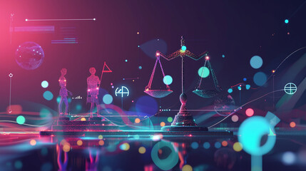 Algorithmic Harmony: Professionals Balancing Justice Scales with Holographic AI Icons, Contemporary Style, Versatile Usage, Vibrant Colors, Clean Composition, High Resolution, 