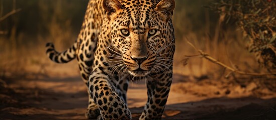 A large leopard is captured in motion as it confidently strides across a dirt road, showcasing its powerful and graceful movements in the wild habitat. - Powered by Adobe