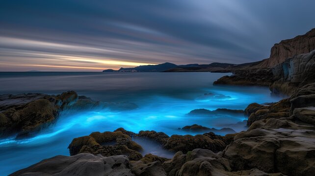 Ethereal seascape with glowing bioluminescent waves at dusk