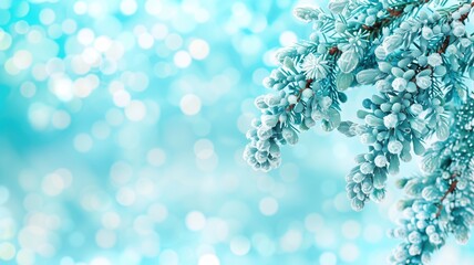 Pine branches covered in frost against a glittering turquoise backdrop, evoking a wintry feel
