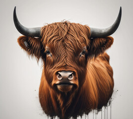 A painting of a cow with long horns and long hair.
