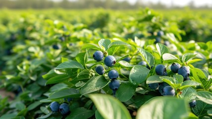 Sun-kissed blueberries ripening on lush green bushes in a vibrant blueberry farm