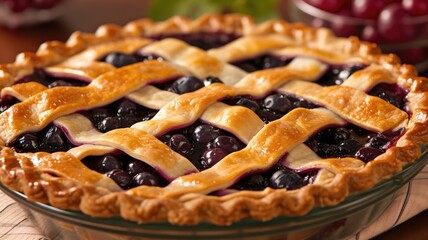 A freshly baked blueberry pie with a golden lattice crust