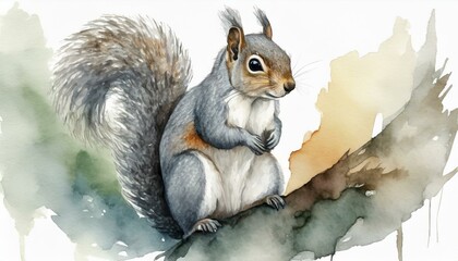 Watercolor portrait of a gray squirrel in the wild using natural colors in a remote forest setting