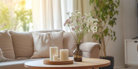 Modern home interior with a cozy arrangement of candles and fresh white flowers on a wooden coffee table, creating an ambiance of calm and comfort.
