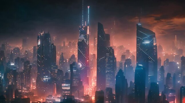 Cyberpunk city of futuristic fantasy world featuring spectacular nighttime skyscrapers