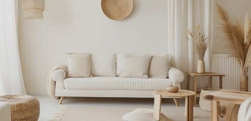Fototapeta na wymiar Chic beige living room with a minimalist white sofa and textured decorative pillows, complemented by natural dried plants and wooden accents for a modern yet cozy atmosphere.