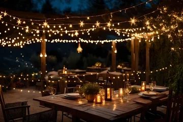 Foto op Plexiglas An image of twinkling fairy lights adorning a rustic outdoor patio. © Ateeq