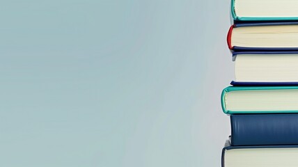 Stack of hardcover books on a light blue background