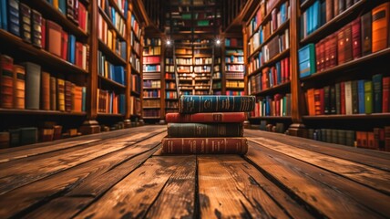 Obraz premium Stacked books on wooden table in classic library setting