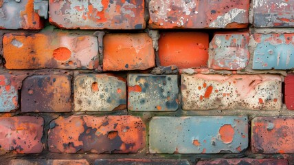 A vibrant and textured brick wall splattered with multiple colors of paint