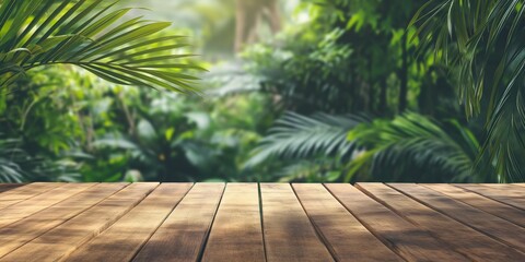A warm and inviting wooden tabletop set against the vibrant background of tropical palm leaves, with sunlight gently filtering through.