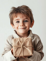 Smiling  boy with a gift box for mother. Mother's Day, March 8 holiday concept. White background.