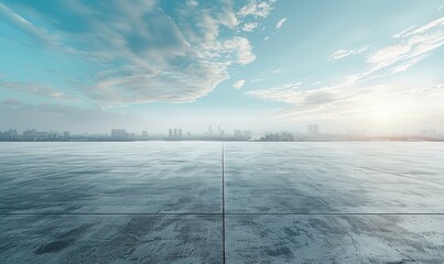 Concrete floor or slab, empty space or area in showroom, shop or store. Background design with blue sky and urban city for product display and concept of car sale, auto, automobile, automotive.