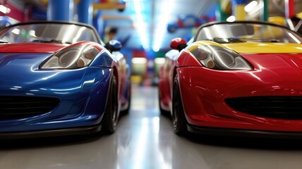 Shiny blue and red bumper cars lined up in an amusement park, ready for fun