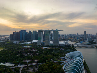 Aerial view of dramatic sunset dusk at Singapore city skyline