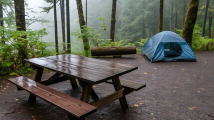 Rainy and misty campground with a blue tent and a picnic table in the forest