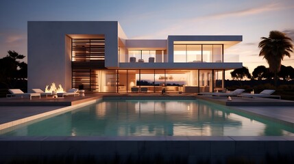 Luxury house with swimming pool at sunset