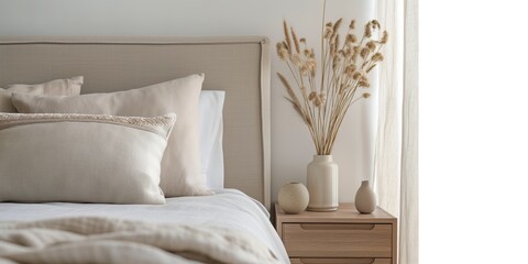 A serene bedroom setting with plush beige bedding, a tasteful arrangement of dried flowers in a white vase, and natural light softly illuminating the tranquil space.