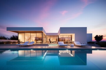 Fototapeta premium Luxury house with swimming pool at sunset