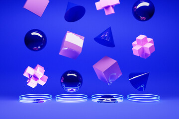 3D illustration of multi-colored volumetric geometric shapes falling into a portal on a  blue  background