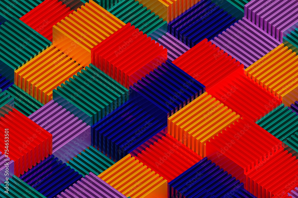 Poster 3d rendering of an abstract multi-colored pattern of shapes