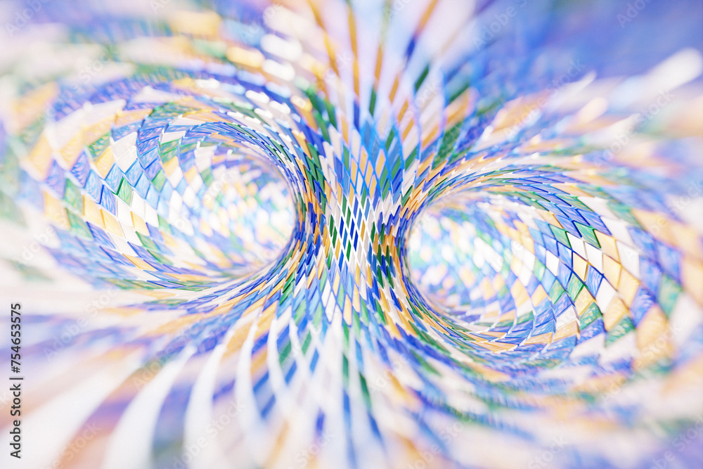 Poster three-dimensional rendering of a multi-colored tunnel with a pattern