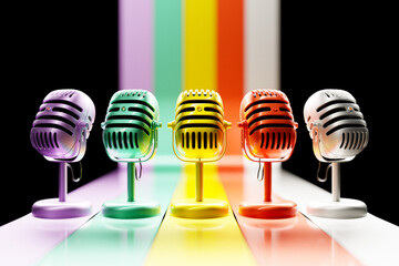 Realistic colorful microphones. 3D studio and stage audio equipment, vintage and modern metal...