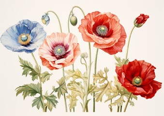 Poppy flowers in full bloom red pink and blue colours  
