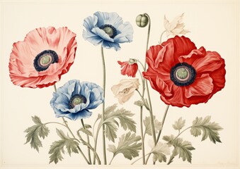 Poppy flowers in full bloom red and blue colours  