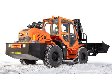 Orange tractor, loader isolated on white background, back view