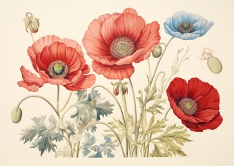 Poppy flowers in full bloom red and blue colours  