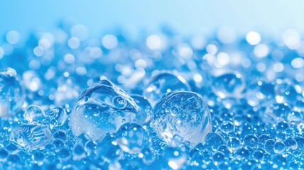 Crystal clear ice water bubbles glistening on a vivid blue background, symbolizing purity