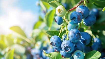 Sun-kissed blueberries ripe for the picking on a lush green bush
