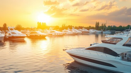 Luxurious yachts moored at sunset, symbolizing wealth and leisure - obrazy, fototapety, plakaty