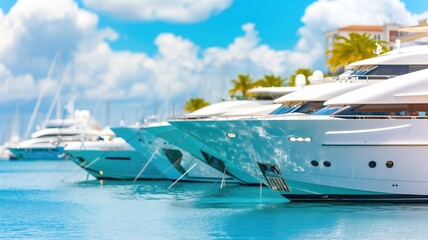 Pristine white luxury yachts anchored in clear blue waters near a tropical resort - obrazy, fototapety, plakaty