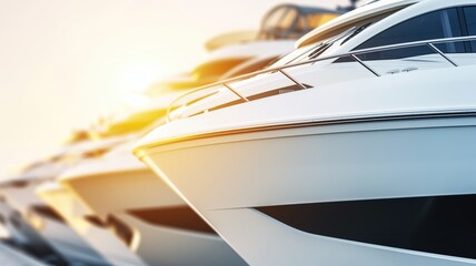 Golden sunlight bathes luxury yachts moored at a marina