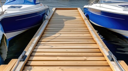 Symmetrical view of wooden dock between two blue boats on calm water