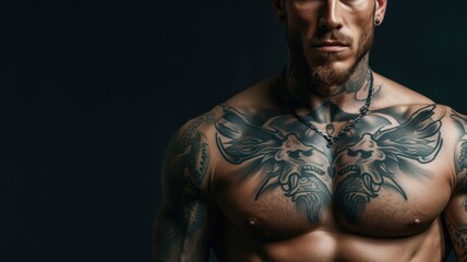Tattooed man showing muscular torso and body art