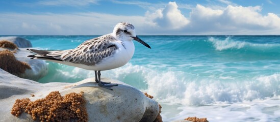 A Calidris alba seagull sits atop a large rock near the ocean, overlooking the waves crashing against the shore. The seabird appears alert and observant in its coastal habitat. - obrazy, fototapety, plakaty