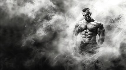 Black and white image of a sculpted physique enveloped by mist