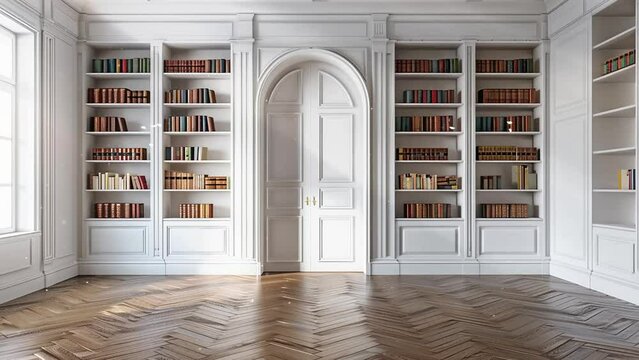 elegant white modern bookcase in mini library at home.  built in bookcases in empty room. seamless looping overlay 4k virtual video animation background