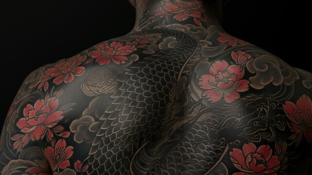 Close-up of a back with intricate Japanese tattoo art